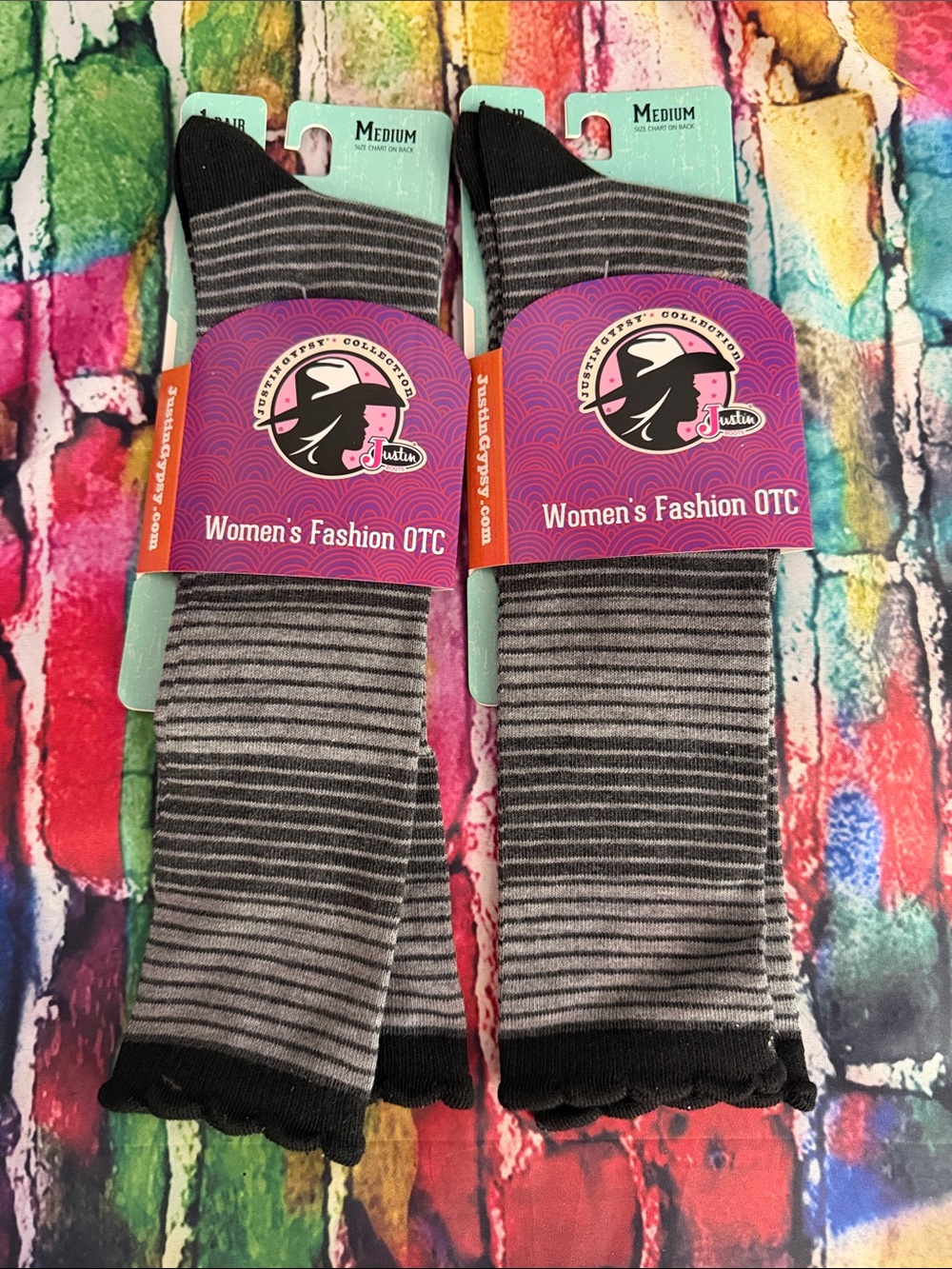 Justin Boots Gray and Black Striped Casual Crew Socks 2 pair